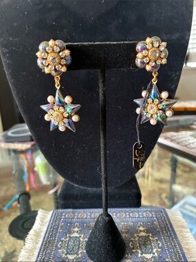Multicolor Iridescent Star Drop Earrings with Pearl Accents - Gold Tone